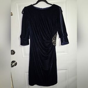 Elegant Navy Velvet Dress with Embellishment